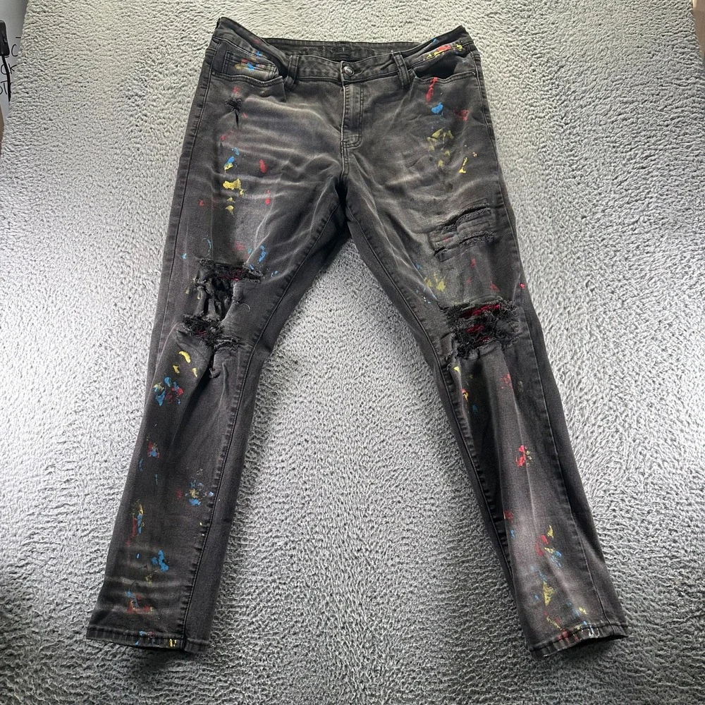 Rue 21 Supreme Flex Premium Jeans Mens 38x32 Black Denim Tapered Paint‎ Splatter